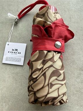 Coach F63365 Signature Mini Umbrella tan Red logo NWT No Bag